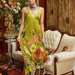 Aratta Chartreuse Floral Maxi Dress with Multicolor Blooms